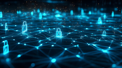 Wall Mural - digital illustration of cybersecurity network internet system web data centre protection padlock sym