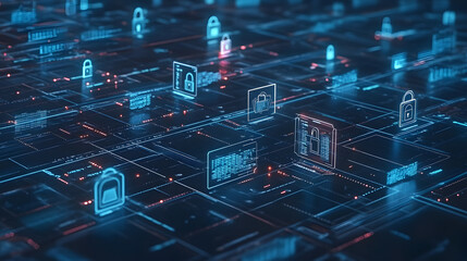 Wall Mural - digital illustration of cybersecurity network internet system web data centre protection padlock sym