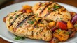 © Pricha.RT - Juicy, grilled chicken breasts, perfectly seasoned, served with roasted vegetables and fresh herbs.