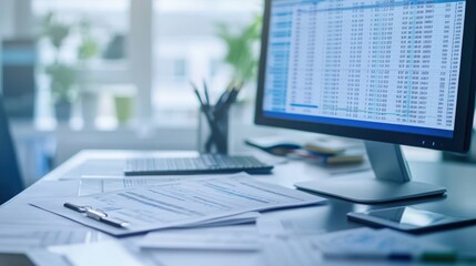 Detailed view of medical bill codes on a spreadsheet displayed on a computer. Office desk with modern technology and financial documents