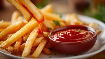 Wall Mural - A dynamic shot of a plate of crispy French fries being dipped into a small bowl of ketchup, with droplets of sauce splashing, showcasing the perfect pairing of flavors.