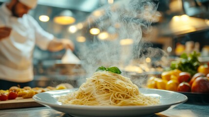 Sticker - A dynamic shot of a steaming plate of spaghetti being served at a bustling Italian kitchen, with chefs in action and colorful ingredients in the background