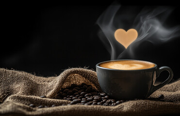 Wall Mural - A steaming cup of coffee with heart-shaped steam, surrounded by scattered coffee beans on burlap fabric, against an isolated dark background. 