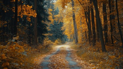 Sticker - Discover a serene autumn forest in Eastern Europe, with yellow and orange leaves covering the tree trunks and a picturesque road through the foliage