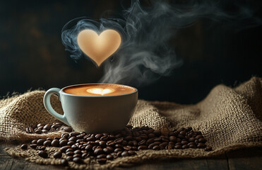 Wall Mural - A steaming cup of coffee with heart-shaped steam, surrounded by scattered coffee beans on burlap fabric, against an isolated dark background. 