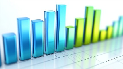 Fototapete - A financial bar graph with vibrant blue and green bars showing profit growth over several quarters, set against a clean white background with clear labels.