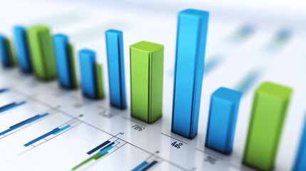Fototapete - A financial bar graph with vibrant blue and green bars showing profit growth over several quarters, set against a clean white background with clear labels.