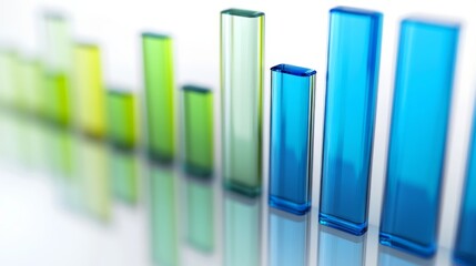 Fototapete - A financial bar graph with vibrant blue and green bars showing profit growth over several quarters, set against a clean white background with clear labels.