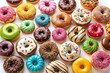 © sanom - Colorful assortment of digitally illustrated donuts in various shapes and toppings, including sprinkles, glazes, and cream fillings, on a clean white background.