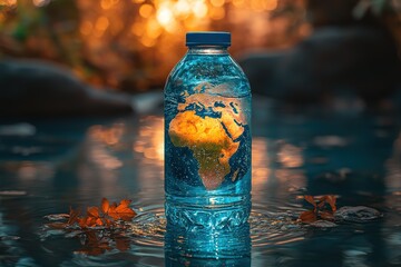 A bottle of water is floating in a body of water with a blue globe on top of it