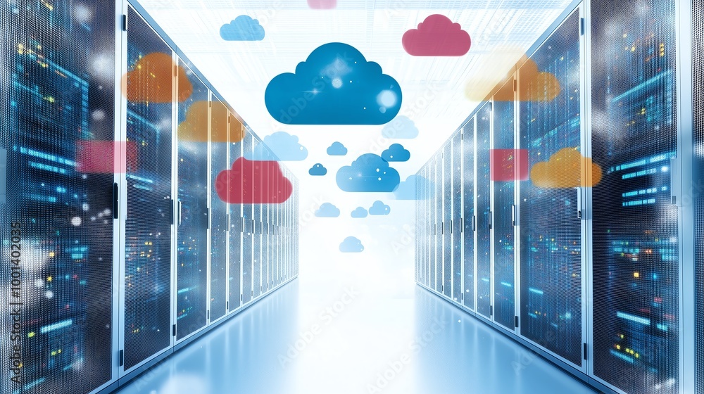 A modern data center with cloud computing icons representing digital ...