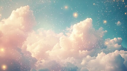 Poster - Dreamy pastel clouds with delicate sparkles drifting through a tranquil sky. The soft, shimmering effect creates a serene and enchanting backdrop