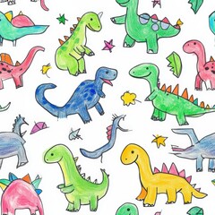 Colorful dinosaur illustrations in playful poses on a white isolated background. Seamless Texture Tile