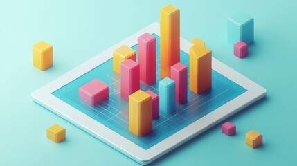 Aufkleber - A flat lay of a digital tablet showing a 3D bar graph, with bars popping out of the screen, symbolizing interactive data analysis in a modern business setting