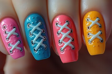 A hand with four painted nails, each with a different color and design