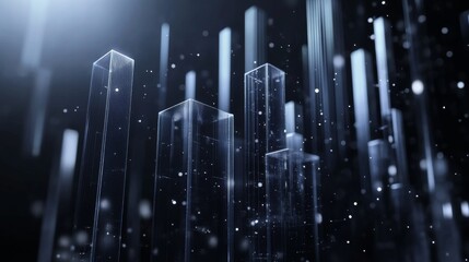 Fototapete - A futuristic 3D bar graph floating in space, with transparent bars of different heights, set against a dark background, symbolizing high-tech data visualization
