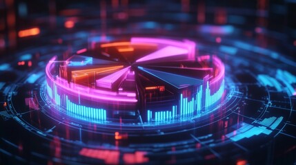 Aufkleber - A futuristic 3D pie chart with glowing neon segments, rotating in a digital space, symbolizing modern data visualization and business analytics.