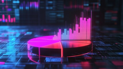 Aufkleber - A futuristic 3D pie chart with glowing neon segments, rotating in a digital space, symbolizing modern data visualization and business analytics.