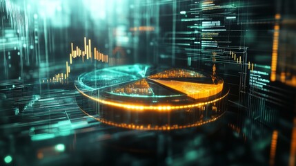 Aufkleber - A futuristic 3D pie chart with metallic slices rotating in mid-air, glowing softly with data points floating nearby, perfect for visualizing complex financial information.
