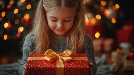 in a cozy setting filled with warm lights, a young girl beams with happiness as she carefully holds 