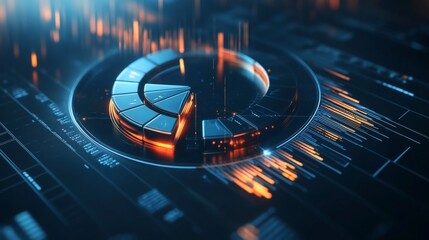 Poster - A futuristic 3D pie chart with metallic slices rotating in mid-air, glowing softly with data points floating nearby, perfect for visualizing complex financial information.