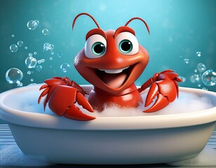 Canvas Print - Cute Cartoon Lobster Character Taking a Bubble Bath in a Bathtub