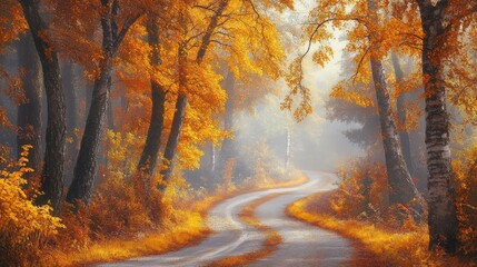 Eastern European autumn forest with a winding road, vibrant yellow and orange leaves, and majestic tree trunks creating a magical and serene atmosphere