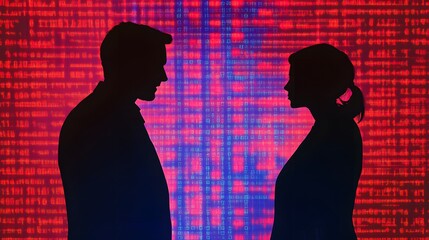 Silhouette of a man and woman facing each other, with a red digital background featuring blue code lines, symbolizing computer security in a business setting