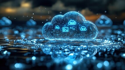 Fototapete - A glowing blue cloud computing network icon floats above a rippling body of water, symbolizing the vast and interconnected nature of digital data and the digital world.