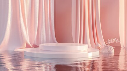 Wall Mural - Elegant 3D render with an abstract podium on water, featuring soft pastel curtains and a minimal design for an effective product showcase