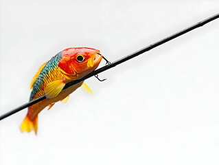 Vibrant goldfish hanging on a fishing line, isolated on a white background, showcasing colorful aquatic beauty.