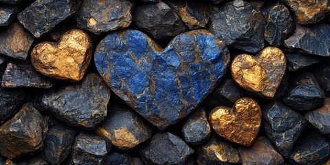 Aufkleber - A blue and gold heart-shaped rock surrounded by gray stones, a symbol of love and resilience