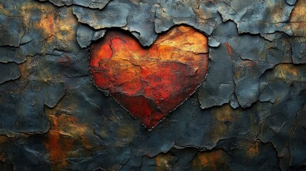 Aufkleber - A red heart carved into a textured, dark gray, cracked surface, resembling weathered stone or metal