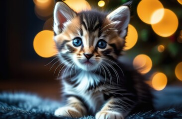 A Christmas card. A beautiful little kitten is sitting looking at the camera. Blurred highlights in the bokeh style are visible in the background. Christmas. New Year's mood. The Christmas cat.