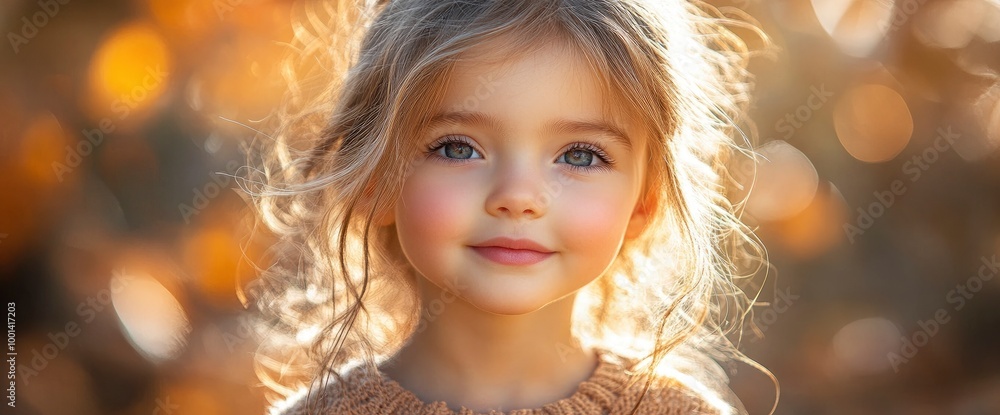 Portrait of a young girl with blonde hair and blue eyes, smiling in the ...