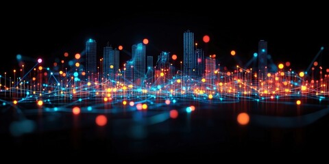 A futuristic cityscape with a network of glowing lines and dots, connecting the buildings and creating a visual representation of modern technology and interconnectedness.