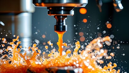 Precision CNC Machining: Close-Up of Metal Drilling with Orange Cooling Fluid Splashing