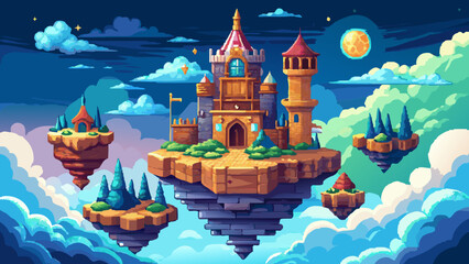 Wall Mural - adventurous sky castle, featuring pixelated secret passages, a pixelated moat, and a pixelated wizard's tower, floating in a dynamic pixelated sky with moving pixel clouds