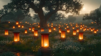 Poster - A field of glowing lanterns illuminate a forest clearing at dusk, casting a warm glow on the wildflowers and surrounding trees
