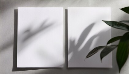 2 vertical sheets of textured white paper on soft gray table background. Mockup overlay with the plant shadows. Natural light casts shadows from an exotic plant. Horizontal orientation