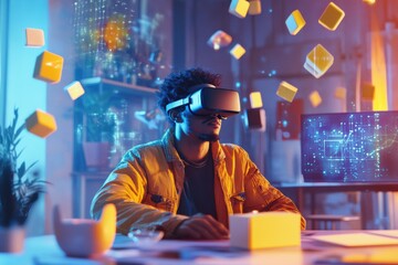 Poster - A virtual reality designer explores creative concepts in a modern studio with floating 3D objects wearing a VR headset. Generative AI