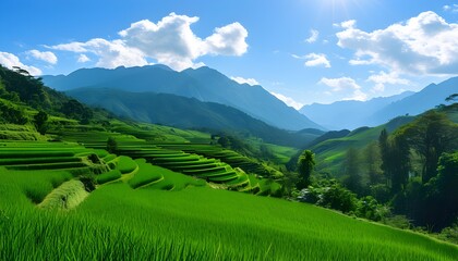 Wall Mural - Breathtaking landscape of vibrant terraced hills embraced by majestic mountains beneath a bright blue sky on a sunny day