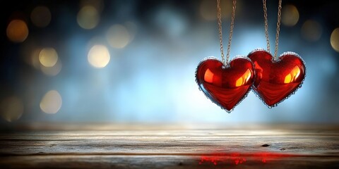 Two Red Hearts Hanging on Golden Chains Against a Blurred Bokeh Background with a Wooden Table in the Foreground