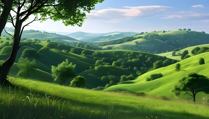 Wall Mural - Serene landscape of undulating green hills with lush grass and scattered trees, embodying tranquility and the beauty of nature.