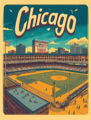 this retro travel poster showcases a bustling chicago ballpark filled with enthusiastic fans enjoyin