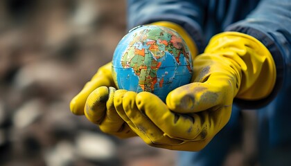 Sticker - Caring hands in yellow gloves cradle a small Earth globe, symbolizing the urgency of addressing pollution and promoting environmental protection and cleanliness.