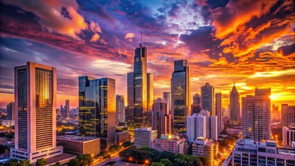 Dramatic urban evening scene with sleek skyscrapers and majestic architecture set against a vibrant pink and orange sunset-lit sky with subtle cloud texture.