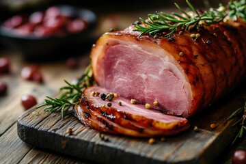 Wall Mural - Delicious ham served with garnish on wooden table, closeup - generative ai