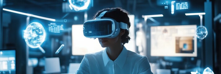 Poster - A virtual reality designer explores innovative 3D concepts in a contemporary studio filled with floating digital objects. Generative AI