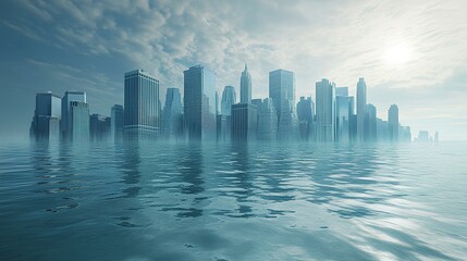 Wall Mural - A futuristic skyline partially submerged in water, creating a surreal atmosphere with reflections under a cloudy sky.